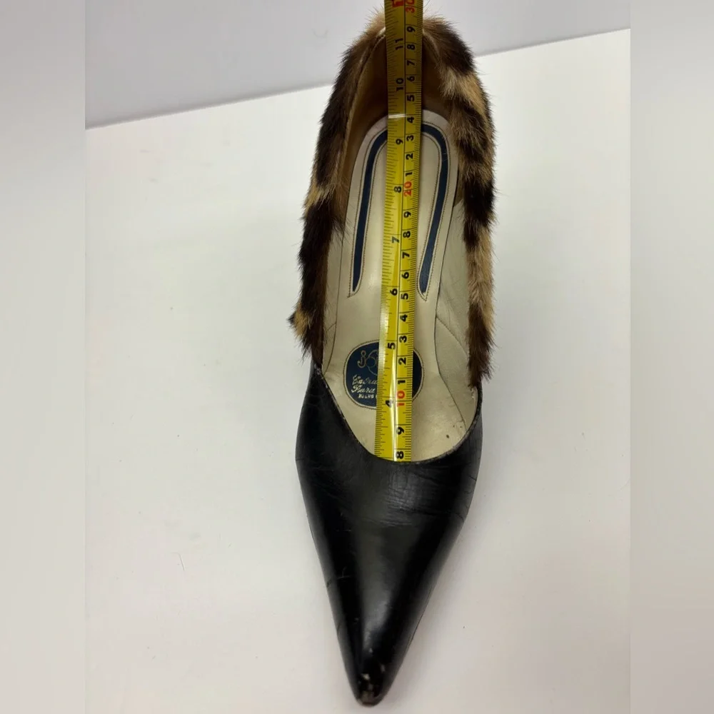 Black Leather Pumps with Leopard Fur Trim, SZ 8, box 29 - Picture 11 of 12